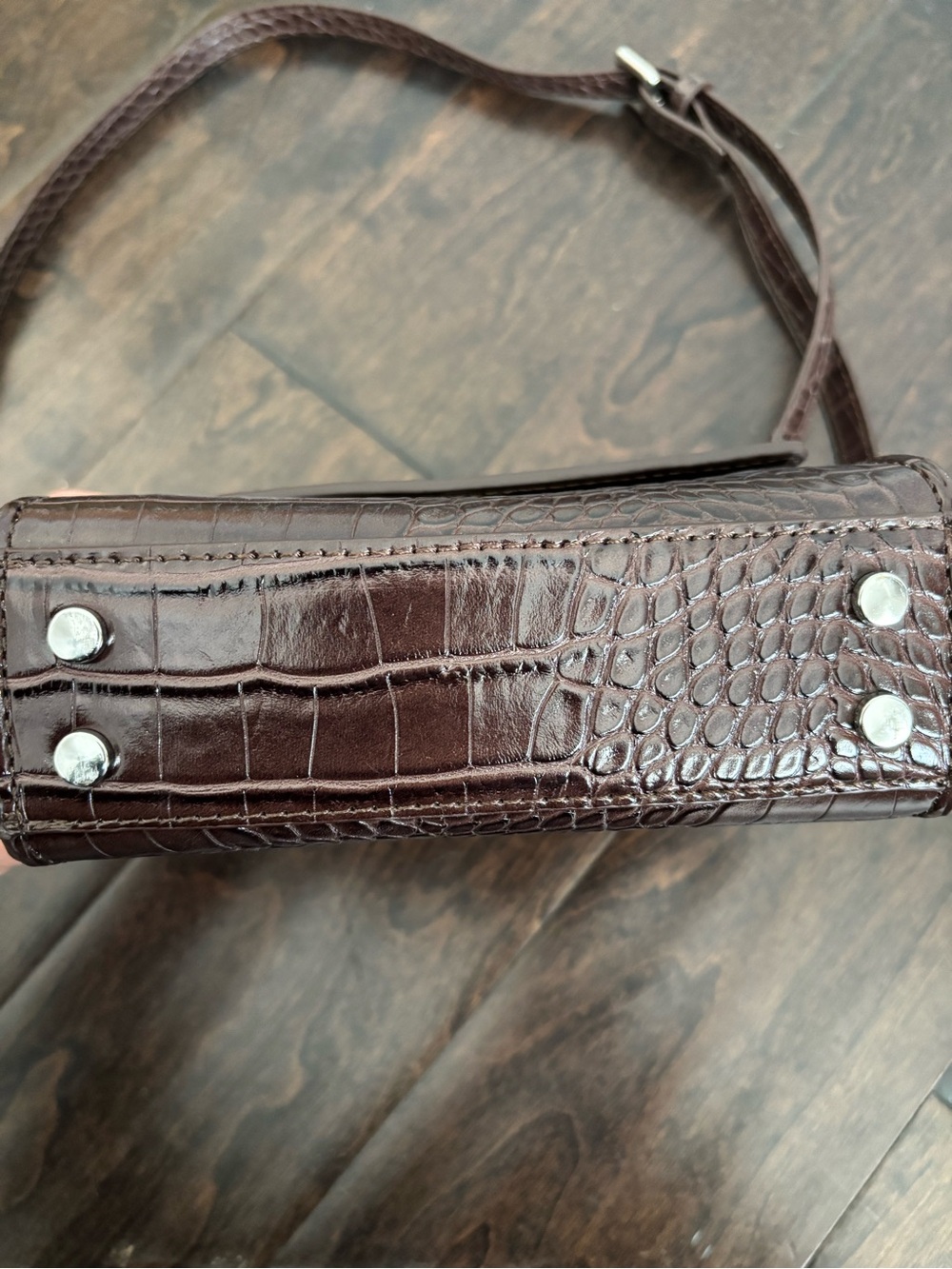 Zara Croc-Embossed Top-Handle Satchel in Dark Brown - Picture 9 of 9